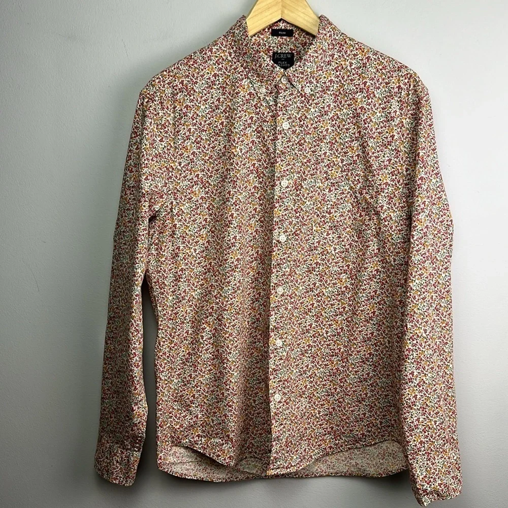 J. Crew Men Ditzy Floral Print Long Sleeve Button Down Lg Shirt Slim Flex Washed